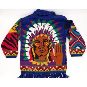 Vintage Cardigan Jacket Large Native American Chief Indian‎ Fringe Padded Heavy